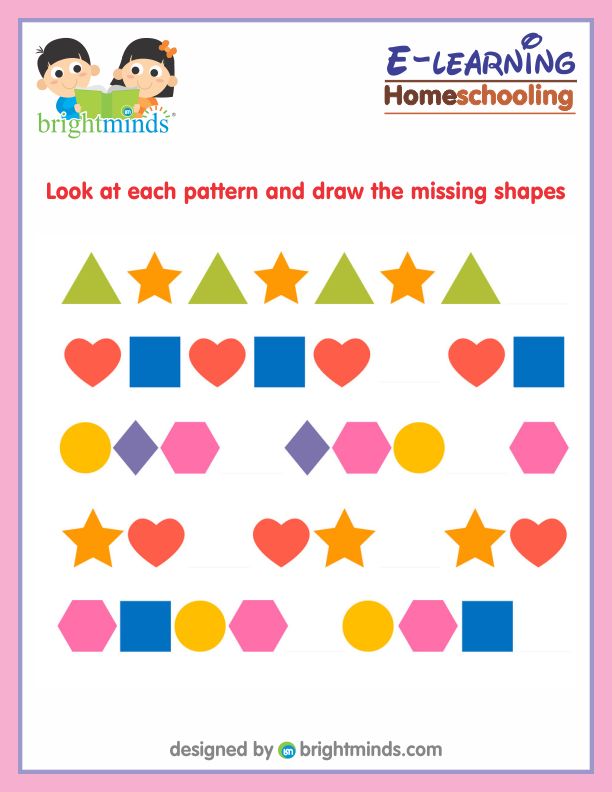 Look at each pattern and draw the missing shapes